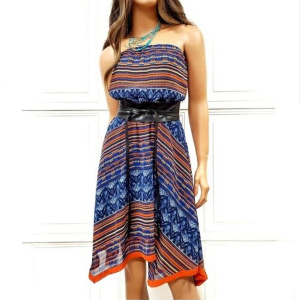 Anthropologie Maeve Urcos Handkerchief Geometric Print Strapless‎ Dress Size S